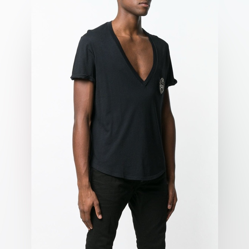 Balmain Men's Deep V Embroidered Patch T-Shirt, XXL